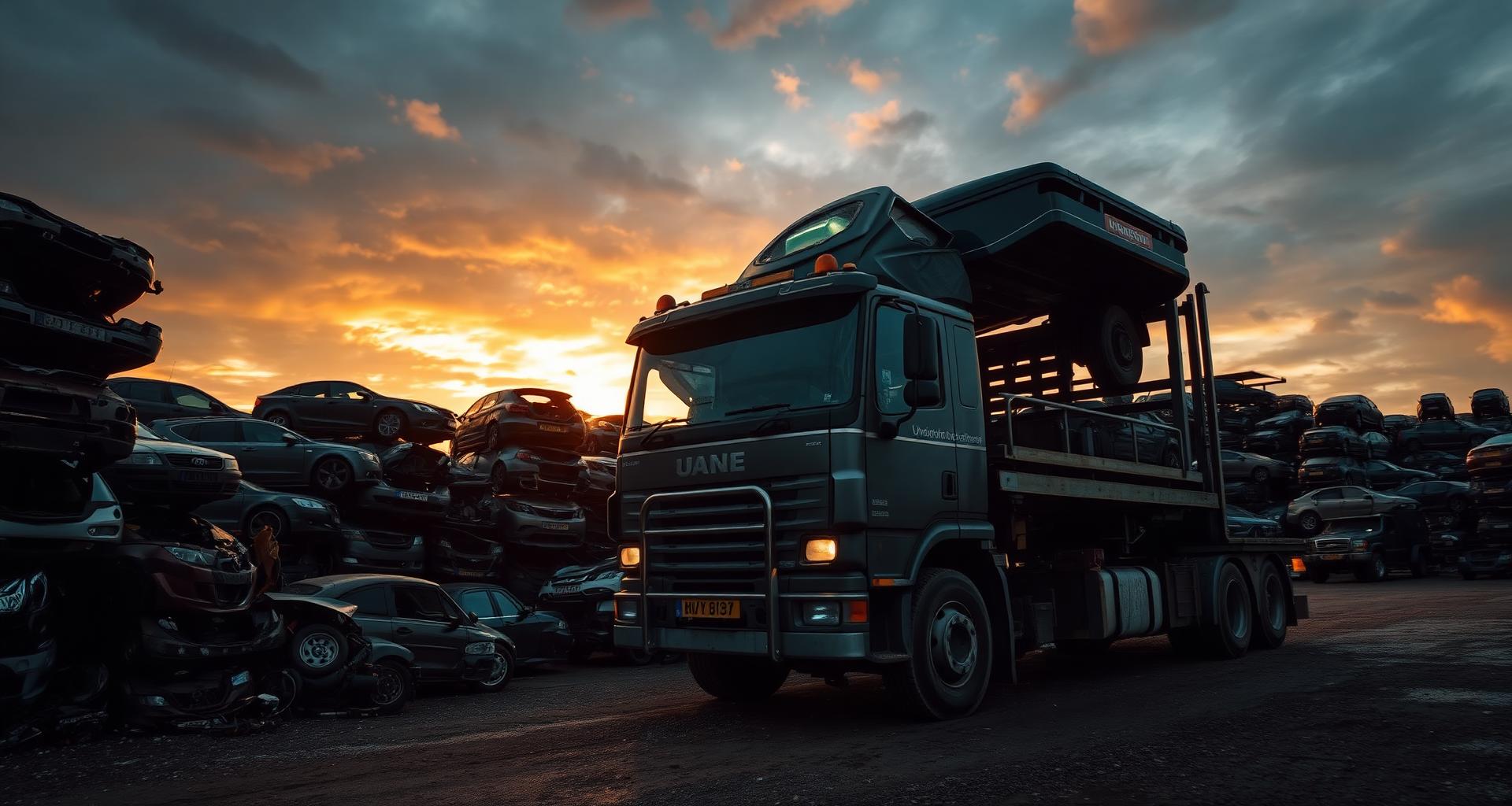 Reeds Sales & Transport yard at dusk, scrap cars stacked beside a flatbed transporter